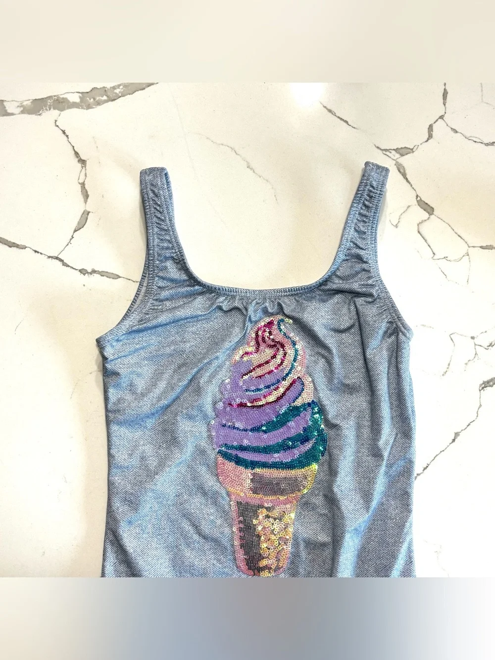 Pilyq Light Blue Girls One-Piece Swimsuit with Rainbow Sequin Ice Cream Cone 10